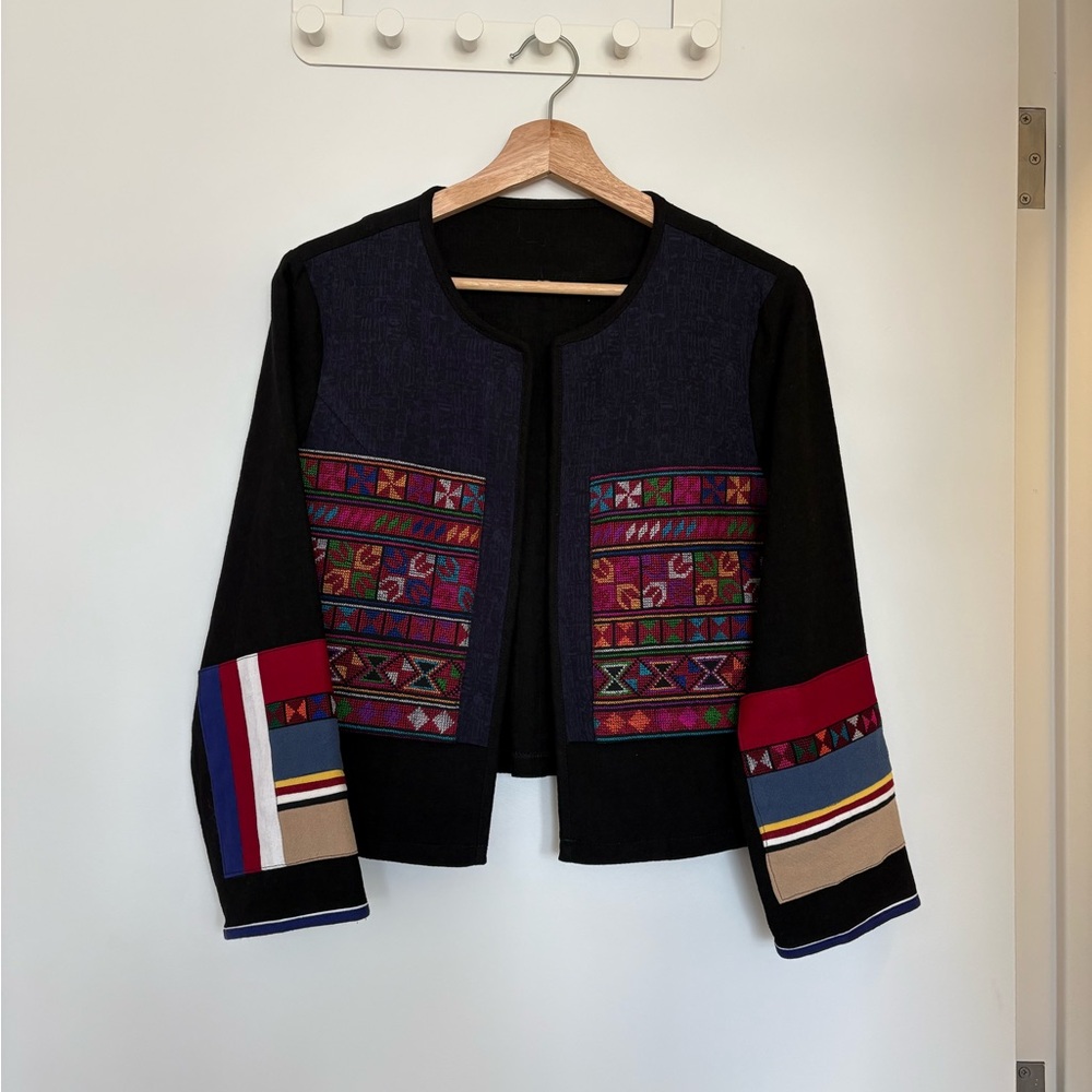 Hand Embroidered linen Cropped Jacket with Colorful Tribal Panels